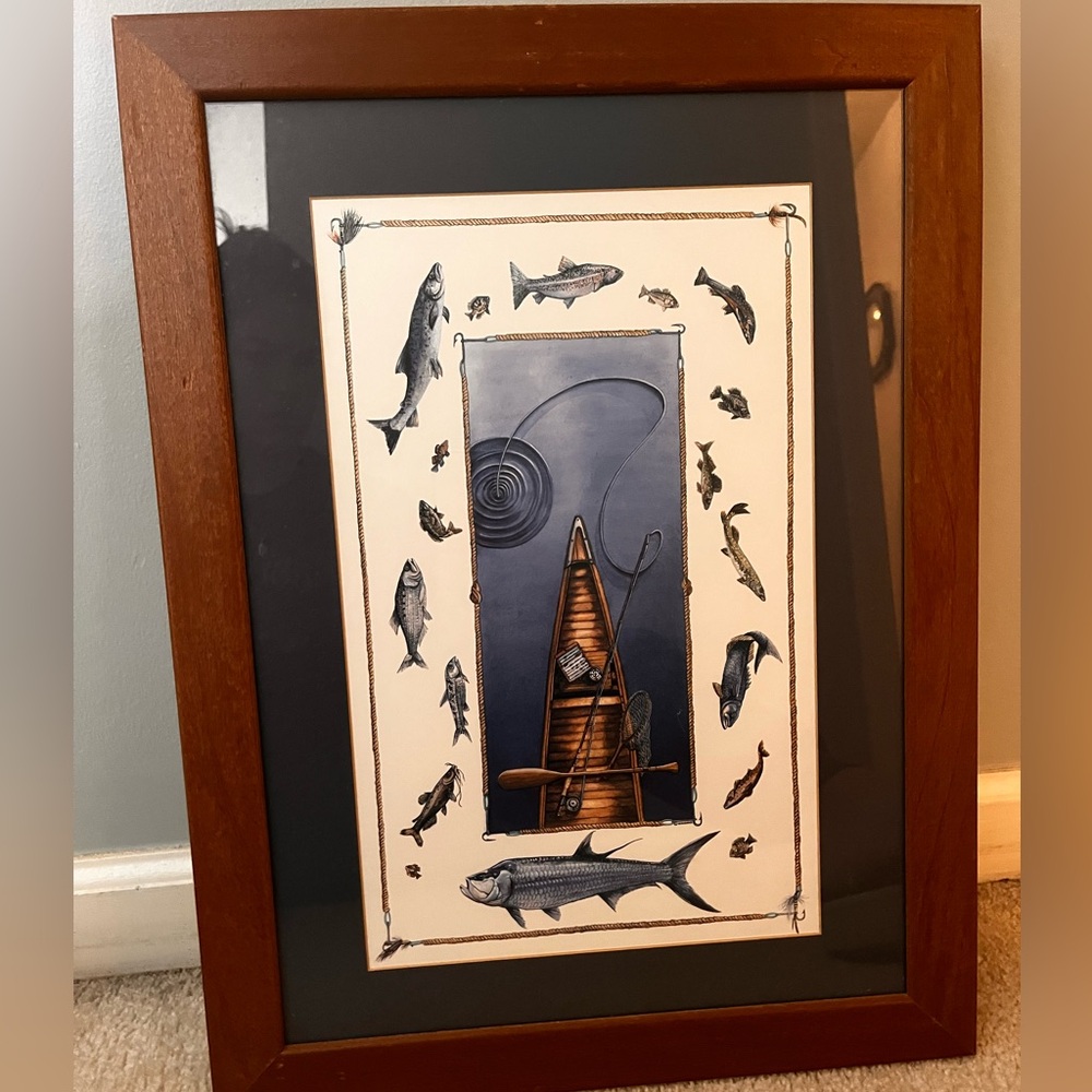 Framed nautical art.  Navy blue matte.  16x21”